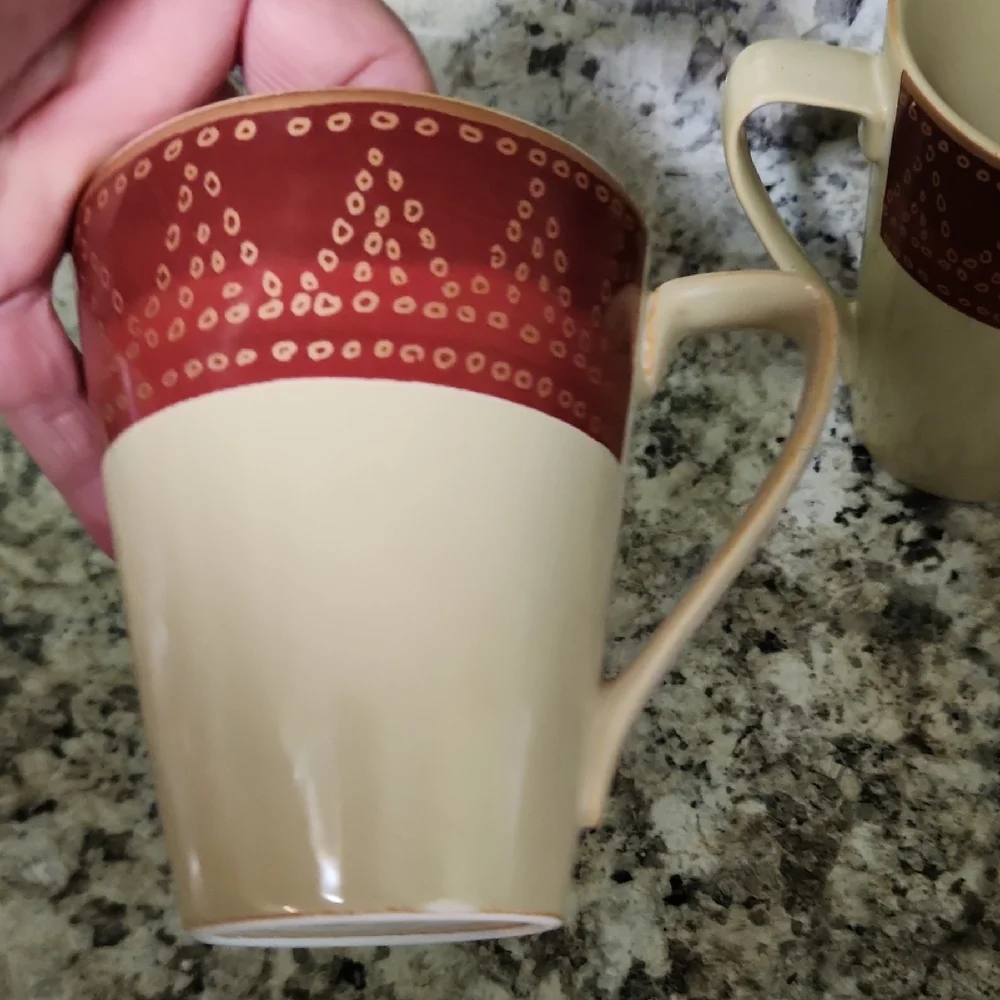 Pier 1 Cream and Red Mug Pair